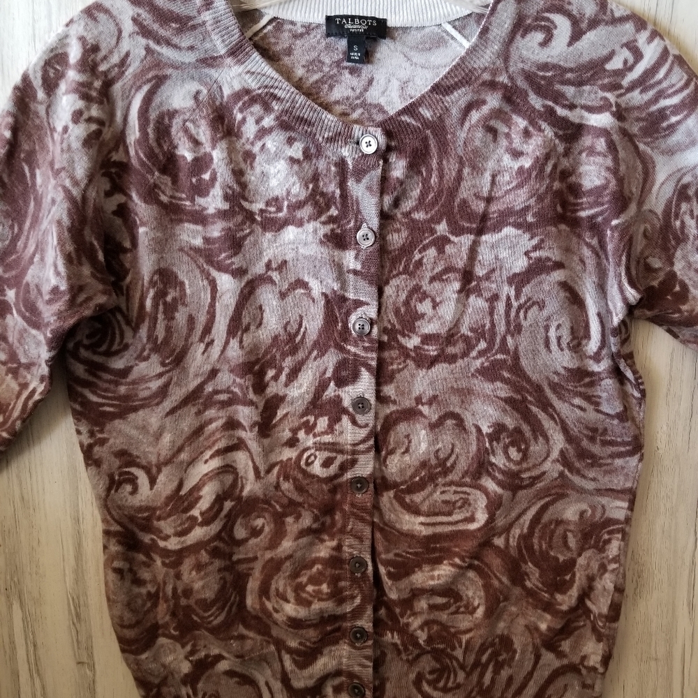 Talbots Button Down Cardigan Long Sleeve Gray Brown Cotton Blend Floral Sz Small